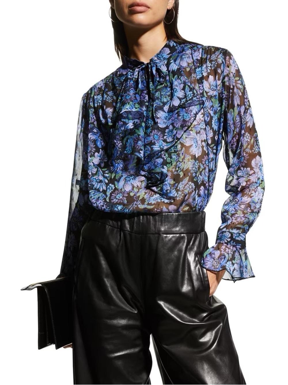 Sabina Musayev Falcon Floral V-Neck Ruffle Sheer Blouse Blue Women Size L